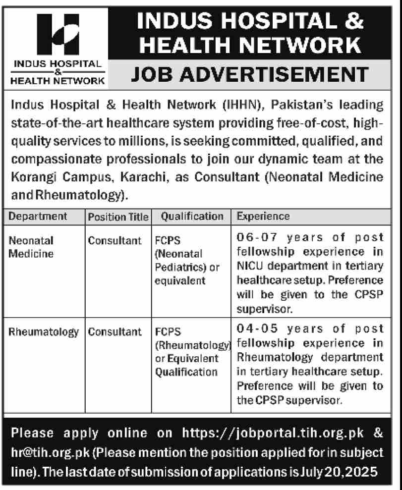 Jobs in Indus Hospital & Health Network Karachi